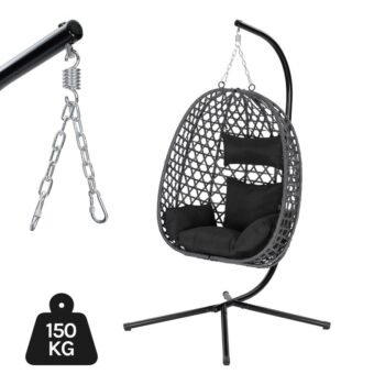 WOLTU Silla Colgante, Hamaca Columpio con Cojín y Reposacabezas, Aspecto Ratán PE y Estructura de Metal, Carga 150 kg, para Jardín, Patio y Terraza, 102x100x196 cm, Antracita